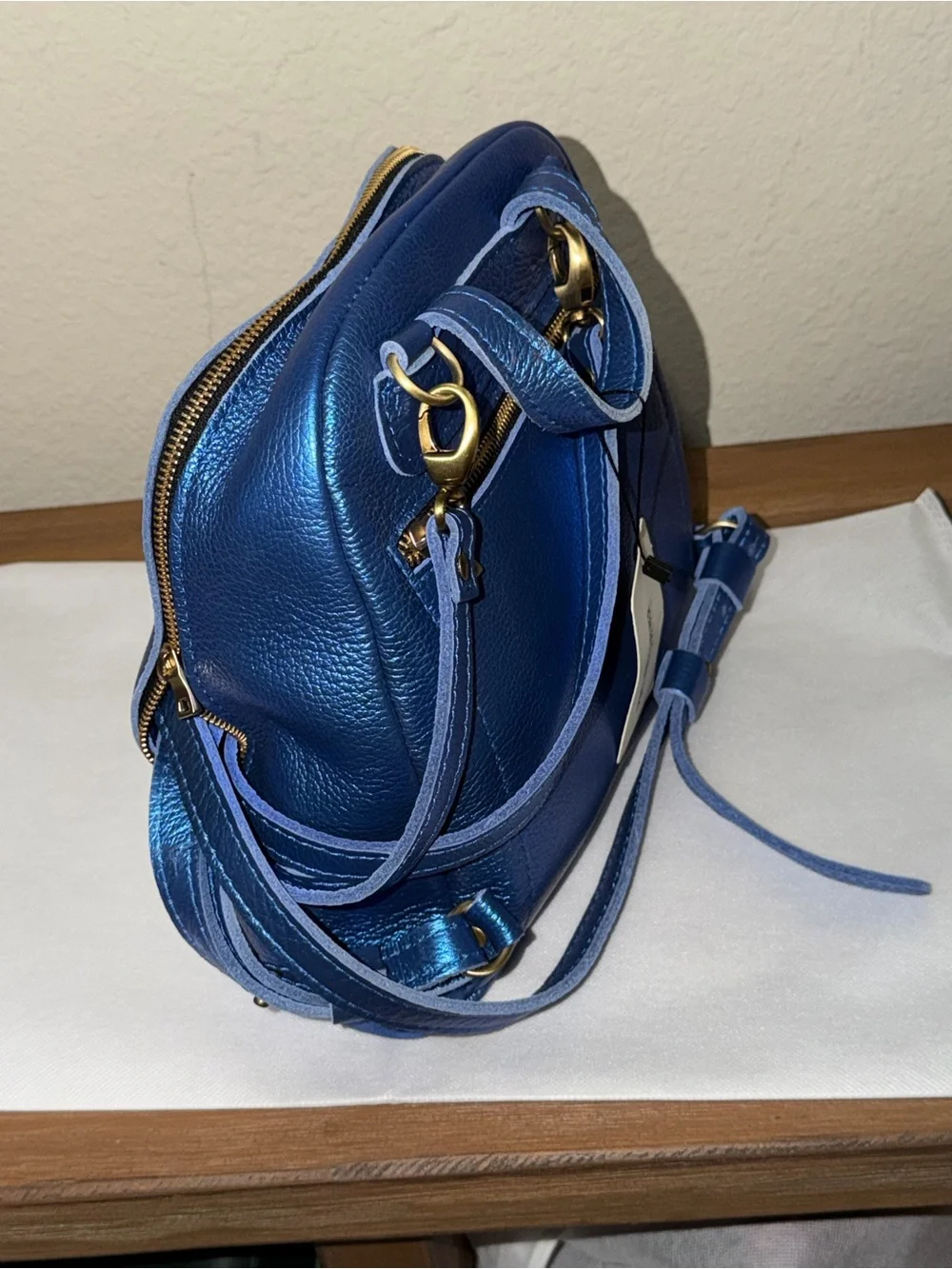 NWT Portland Leather convertible backpack Rue Comet Blue Metallic